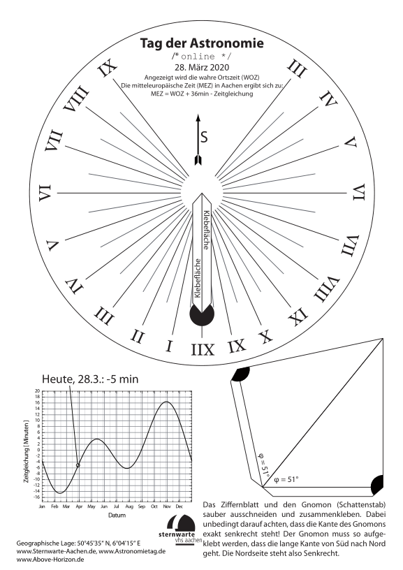 Horizontalsonnenuhr zum download und selberbasteln für den Tag der Astronomie 2020.
